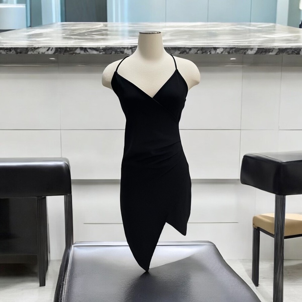 Mind Code Black Asymmetrical Midi Cocktail Dress Cowl Neck Women's Whimsy, SZ S‎